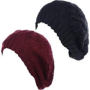 Women Mid-Weight Slouchy Leafy Cutout Crochet Soft Knit French Beret Hat